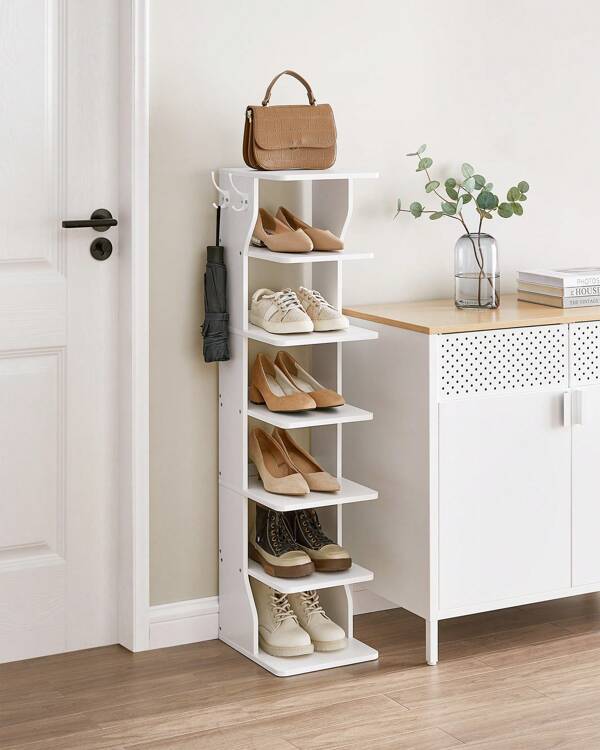 Schuhregal schmal, Standregal mit 7 Ebenen, platzsparend, für Eingangsbereich, Ecke, Schuhablage, weiß