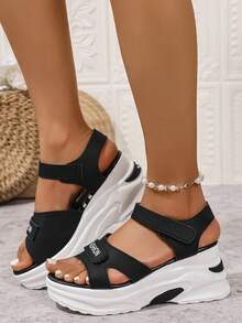 2025 Summer New Fashion Athletic Style Rhinestone Hook And Loop Open Toe Wedge Heel Sandals For Women - Black - View 2