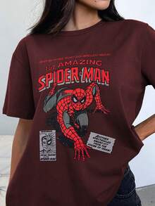 Amazing Spider-Man Pattern, 100% Cotton T-Shirt, Casual Everyday Spring Summer Round Neck Short Sleeve Fit Women's Tops, Date Top - 棗紅色 - 查看 2