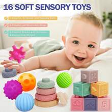 6-12 个月婴儿玩具，适合 6-12 个月婴儿的蒙特梭利玩具，包括堆叠积木和柔软的婴儿出牙玩具和感官球，适合 6-9-12 个月幼儿 - 带储物盒