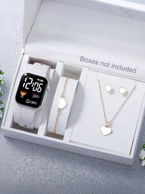 5/1 Piezas de relojes electrónicos cuadrados modernos y lindos para estudiantes de secundaria y preparatoria, juegos de joyería con forma de corazón, collares, pulseras, aretes, regalos para mamá, Día de la Madre