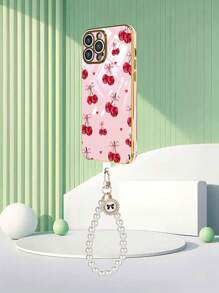 1pc Pink TPU Cherry Pattern Shockproof Phone Case & 1pc Pearl Bow Decor Versatile Creative TrendPersonalizedty Full Coverage Phone Case