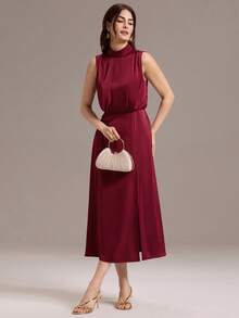 EVERPRETTY Váy dự tiệc cưới màu đỏ tía cổ điển quyến rũ bằng vải satin bóng thanh lịch dành cho nữ, không tay, cạp chun, xẻ tà bên hông, có túi, váy trang trọng dài đến giữa bắp chân, phù hợp cho tiệc cưới, sinh nhật, tiệc tối, váy phù dâu - Màu Đỏ Sâu - Xem 6