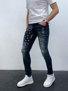 Men's Dark Wash Bandana Patch Skinny Jeans With Rips And Paint Splatter - Grey - View 3