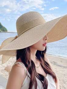 女士可折叠宽边帽，夏季防晒沙滩旅行草帽 - 米色 - 查看 4