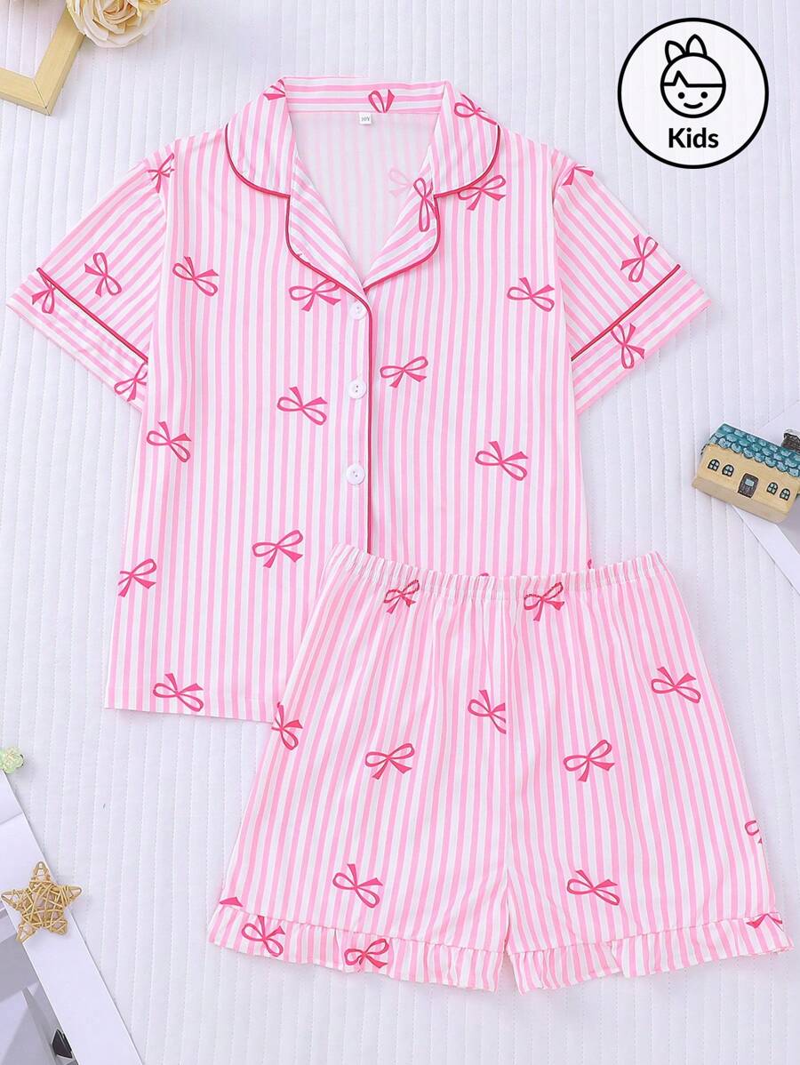 2-delige set jonge meisjes korte mouw top & shorts pyjama voor de zomer, lichtgewicht stijl met streep & strik print patroon, casual nachtkleding huiskleding