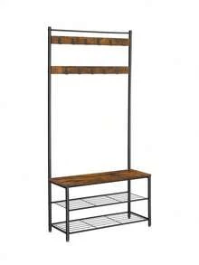 Coat Rack, Coat Stand With Shoe Storage Bench, Hall Tree With Shoe Rack, 3-In-1 Design, Steel Frame, For Hallway, Entrance, 32 X 85 X 175 Cm, Industrial Style, Walnut Brown And Black - 白色 - 查看 9