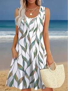 Women's Fashion Allover Leaf Print Casual Vacation Pocket Bohemian Beach Dress, Sleeveless Summer Dress - Multicolor - View 1