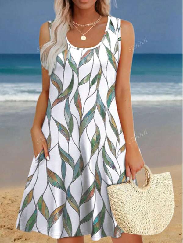 Vestido de playa bohemio de verano sin mangas con estampado de hojas en todo el vestido, con bolsillos y casual para vacaciones