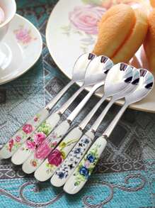 6/12pcs Floral Ceramic Handle Coffee Spoon Made Of Stainless Steel, Perfect For Mixing, Sugar, Honey, Ice Cream, And Soup, Practical For Office Afternoon Tea, Elegant Kitchen And Dining Accessories With Rose Pattern Design Back To School