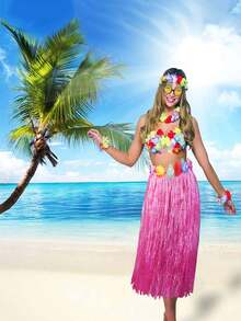5 Piece Hawaiian Luau Outfit Set - Hula Skirt, Flower Bikini Top, Hawaiian Flower Crown, Suitable For Luau Parties, Dance Performances, And Decorations