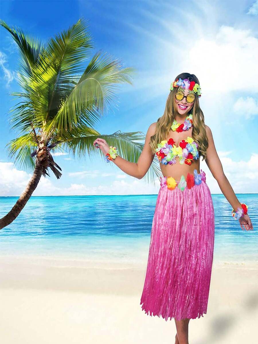 5 Piece Hawaiian Luau Outfit Set - Hula Skirt, Flower Bikini Top, Hawaiian Flower Crown, Suitable For Luau Parties, Dance Performances, And Decorations