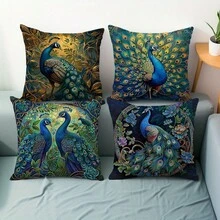 4pcs Vintage Peacock Oil Painting Pattern Throw Pillow Covers, 18x18 Inches - Soft Velvet Material, Zippered, Machine Washable, Suitable For Living Room And Bedroom Decor. - Dark Green - View 6