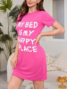 Nightgown - Slogan Print Nightgown - Short Sleeve, Round Neck, Casual - Loungewear, Home Wear - Women - Comfortable And Fashionable - Fashionable Sleep, Sweet Dreams - Hot Pink - View 4