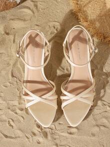 On feet& in love 女士时尚优雅细带交叉高跟凉鞋，适合夏季搭配连衣裙 - 杏色 - 查看 6