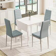 Dining Table And Set Of 2/4 Chairs, Drop Leaf Kitchen Table With PU Leather High Back Chair - White Table + 4 Gray Chairs - View 3