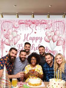 1 Stück rosa Schleife Glücklicher Geburtstag Fotografie Hintergrund mit Glitzer Punkten, Herzen, Luftballons, Party Banner 150 x 100 cm / 210 x 150 cm / 270 x 180 cm, Neugeborenen Babyparty Geburtstag Foto Hintergrund für drinnen und Outdoor, Dekorationszubehör