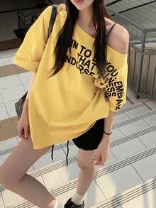 夏季不对称肩部宽松姜黄色字母印花短袖T恤休闲款 - 黃色 - 查看 1
