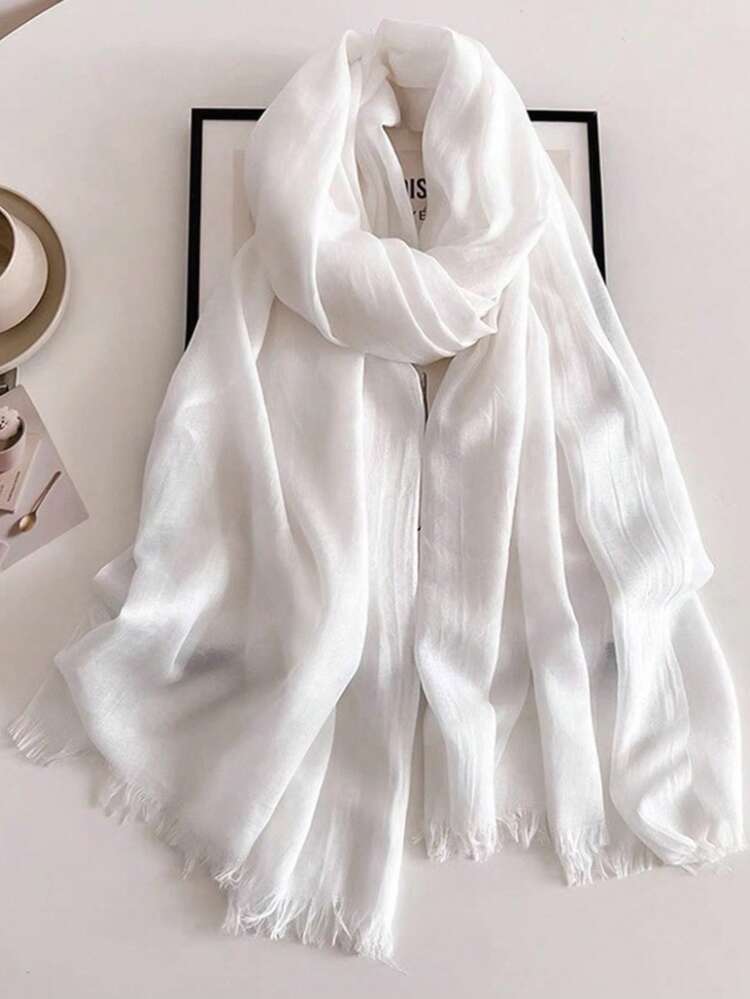 1pc New Style 120g-Linen Blend Solid Color Tassel Warm Scarf Shawl Traveller's Gift, Bamboo Knit Neck Warmer For Women For Dress - White - View 2
