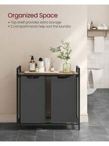 Laundry Basket, 2-Compartment Laundry Hamper, Pull-Out And Removable Laundry Bags, Laundry Sorter, Shelf, Metal Frame, 2 X 46L, 73 X 33 X 72 Cm, Grey