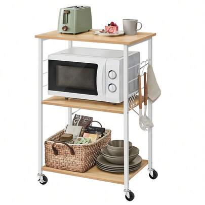 Kitchen Shelf On Wheels, Serving Trolley With 3 Shelves, Microwave Shelf, For Mini Oven, Toaster, With 6 Hooks, Industrial Style, Golden Oak And Cloud White