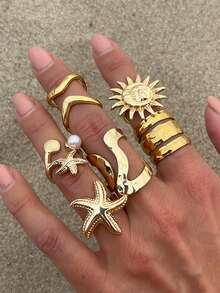 6 件套海洋主题时尚向日葵、海星、珍珠戒指套装 - 不对称指节戒指，轻盈奢华优雅，适合女士日常、派对、度假佩戴，是完美的礼物 - 金色 - 查看 3