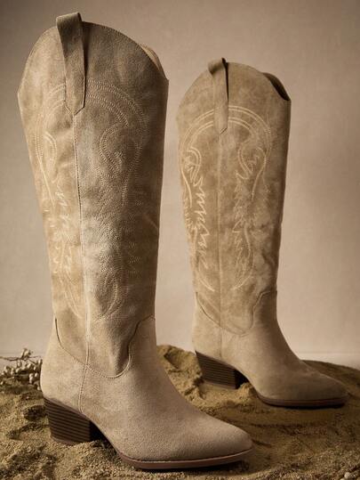 Tropiscape Bottes à plateforme de couleur unie marron pour femmes avec motif brodé, bottes de cheville polyvalentes, ambiance vacances, détente, plage, automne, Noël, hiver. Cadeaux de Noël