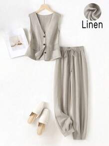 Women's Casual Resort Linen Vest And Pants Set, Spring/Summer