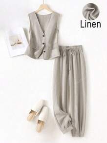 Set di canotta e pantaloni in lino casual da donna, ideale per primavera/estate