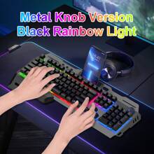 Wired 104 Keys Rainbow RGB Backlit Gaming Mechanical Keyboard, Metal Volume Knob, Multimedia Keys, With Phone And Lighter Holder, Free Removable Wrist Rest, Thickened Metal Panel, For Windows Laptop PC , Gaming Office Universal, Black