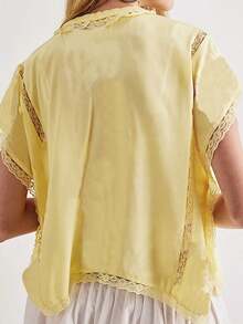 Women Satin Lace Patchwork Tie Front Shirt Top Y2k Short Sleeve V Neck Button Down T Shirts Tops Blouse Boho Flowy Peplum Vests Tank Tops Summer Going Out Tops Aesthetic Clothes Beach Vacation Wear - 黃色 - 查看 2