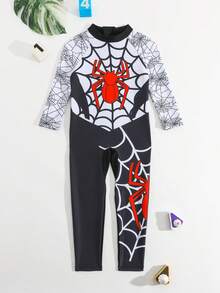 Young BoySpider Print Long Sleeve Zipper One-Piece Swimsuit, Boys' One-Piece Swimwear, Beach Holiday Swimsuit
