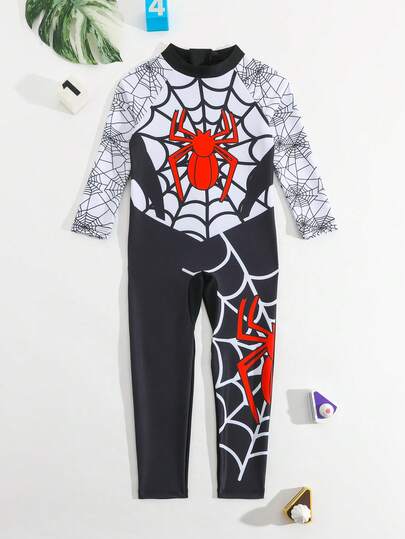 Young BoySpider Print Long Sleeve Zipper One-Piece Swimsuit, Boys' One-Piece Swimwear, Beach Holiday Swimsuit
