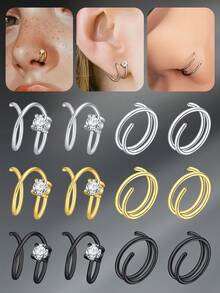 Bộ 2 khuyên mũi đôi bằng thép không gỉ 20G dùng xỏ khuyên mũi đơn, khuyên mũi bạc vàng đen trắng đính đá CZ, khuyên mũi sụn vành tai, khuyên mũi, khuyên mũi vòng, khuyên tai vành tai, trang sức xỏ khuyên mũi cho nữ - vòng mũi - Xem 1