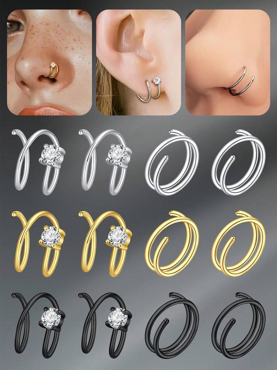 Bộ 2 khuyên mũi đôi bằng thép không gỉ 20G dùng xỏ khuyên mũi đơn, khuyên mũi bạc vàng đen trắng đính đá CZ, khuyên mũi sụn vành tai, khuyên mũi, khuyên mũi vòng, khuyên tai vành tai, trang sức xỏ khuyên mũi cho nữ - vòng mũi - Xem 1