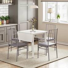 Dining Table And Set Of 2/4 Chairs, Drop Leaf Kitchen Table With PU Leather High Back Chair - White Table + 2 Gray Chairs - View 10