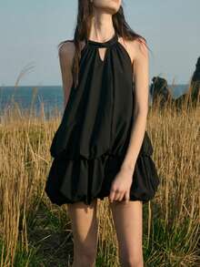 1 buc. Rochie scurtă de damă, casual, culoare solidă, țesătură boemă, cu volane, cu cravată, decupată, pentru purtare de zi cu zi, primăvară/vară - Negru - Vizualizare 3