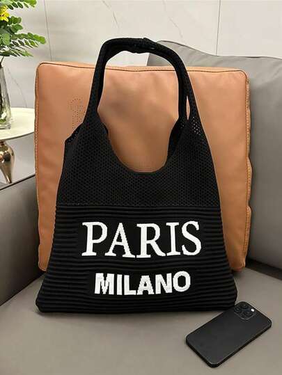 Fashionable Women's Knit Shoulder Bag For Vacation, Travel, Beach - Vintage Letter Patchwork Knitted Tote Bag, Crocheted Woven Shopping Bag