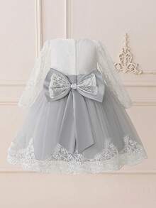 Young Girls Lace Long Sleeve Bow Mesh Elegant Flower Girl Princess Dress, Suitable For School, Piano Recital, Formal Occasions, Does Not Include Headband - Grey - View 2