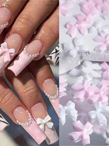 600Pcs Bow Nail Charms And Flatback Pearls,White Pink Bowknot 3D Cute Nail Charms Acrylic Flower For Nail Supplies Design,White Half Pearls For Nail Decoration DIY Crafts Y2K Nail Art Accessories
