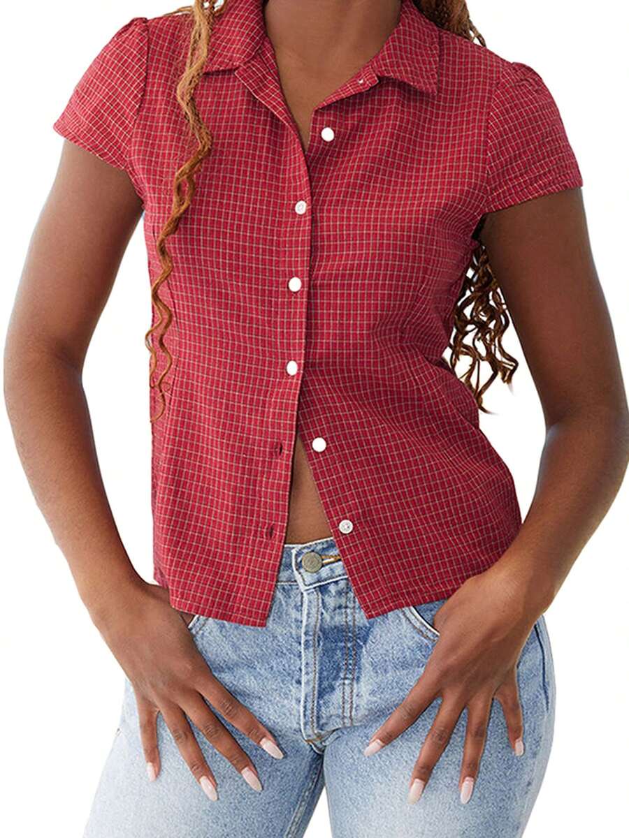 Women's Summer Casual Plaid Shirt Red Short Sleeve Turn Down Collar Buton Up Tops - Red - View 1