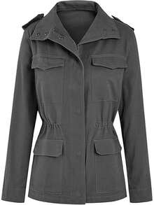 Womens Casual High Neck Long Sleeve Button Detail Regular Woven Fabric Trench Coat - Màu xám đen - Xem 4