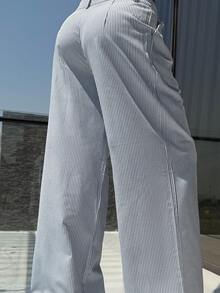 Manon Tanti Women's Y2k  Low Waist  Loose Fit Wide Leg Floor Length Pants  Grey Vertical Stripe Pants - Grey - View 4