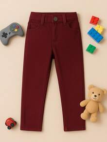 Calça Infantil Menino Brim e Jeans Social Skinny Com Regulador Na Cintura Tamanho 4 6 8 Anos - Vinho - Visão 1