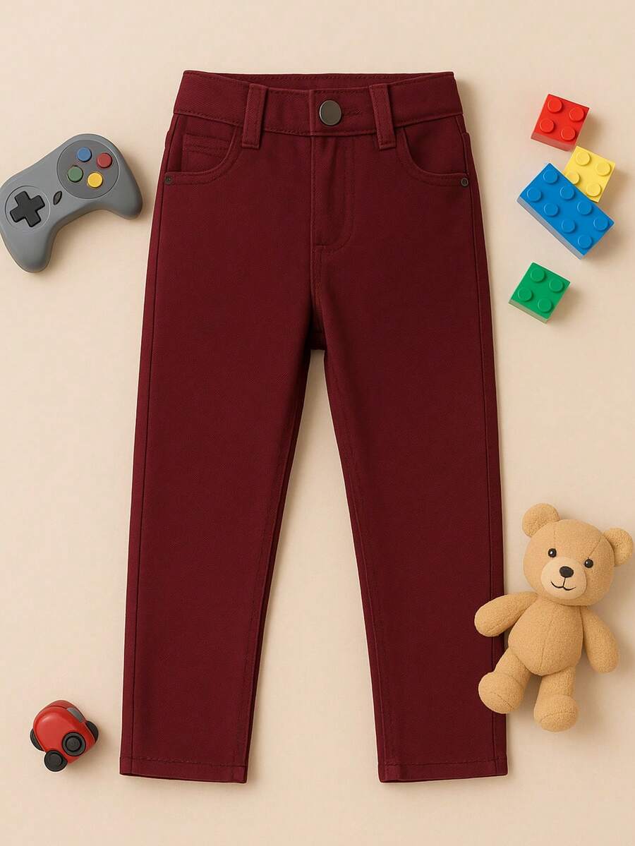 Calça Infantil Menino Brim e Jeans Social Skinny Com Regulador Na Cintura Tamanho 4 6 8 Anos - Vinho - Visão 1