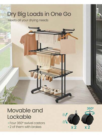 Large Clothes Airer, Foldable Clothes Drying Rack Laundry 4-Tier, Moveable Clothes Horse, 63.5 X 128 X 173 Cm, Stainess Steel, Folding Wings, Indoor Outdoor Use, Ink Black