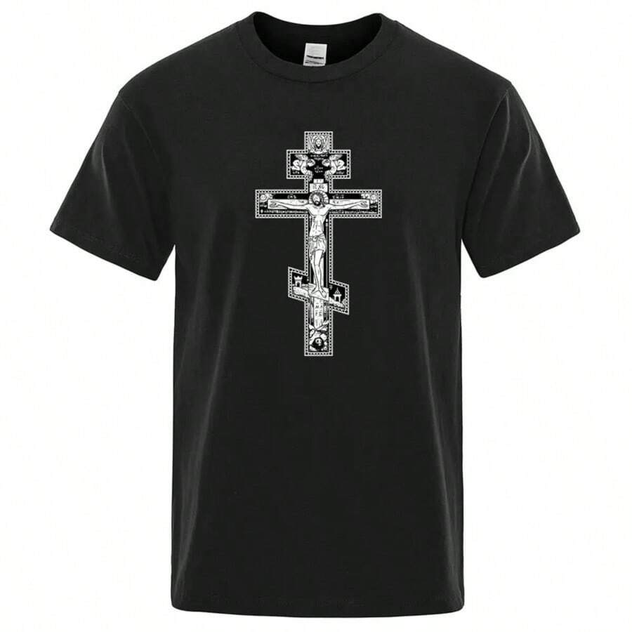 Gothic Dark Style Orthodox Cross Jesus Little Angel Men's Fashion Cotton Loose T-Shirt Pattern Casual Summer T-Shirt 80464 - 黑色 - 查看 1