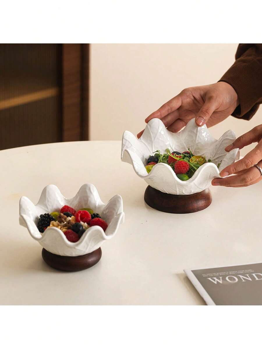 1pc Ceramic Bowl, Lotus Leaf Shaped With Solid Wood Base, Available In Multiple Sizes, Suitable For Desserts, Ice Cream, Salad, Fruits, Etc. Can Be Used In Kitchen, Living Room, Dining Room,School Supplies - White - View 1