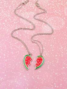 2pcs Watermelon Heart Shaped Pendant Necklaces, Best Friend Set - one-size - View 5