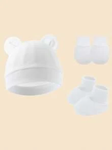 Bộ 3 món mũ tai cho trẻ sơ sinh + găng tay chống trầy xước + bao chân, nhiều màu, thích hợp để đội hàng ngày - Nhiều màu - Xem 4
